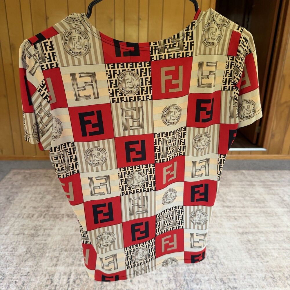 Vintage Fendi Jeans Logo Coin Print Shirt Size M Red Brown Top Women’s Blouse - Picture 3 of 13
